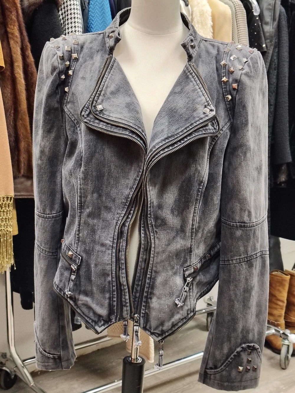 Women's Washed Gray Studded Moto Leather Jacket